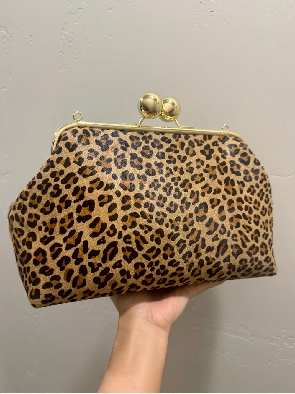 Leopard Print Hair-on Cowhide Handmade Custom Kisslock Frame Bag, & 2 Straps